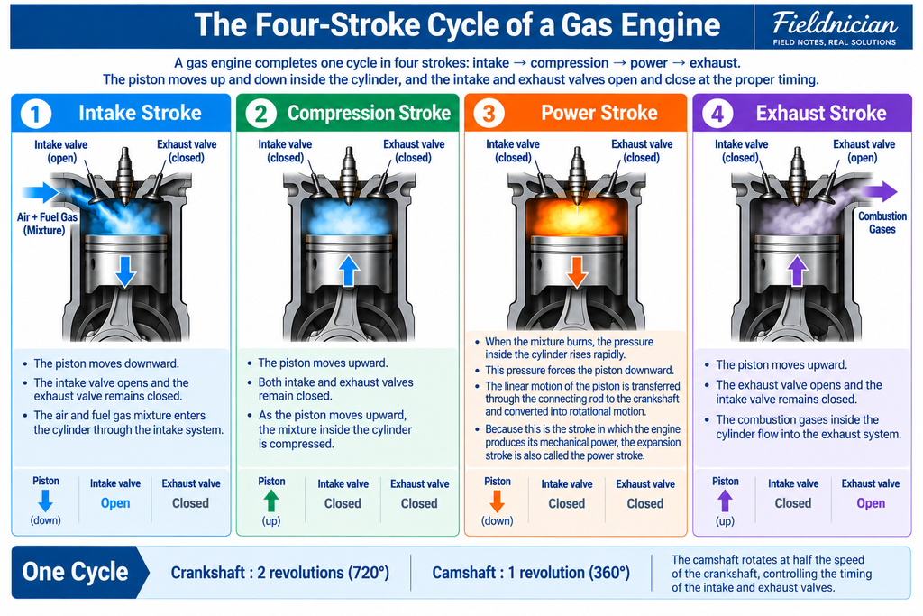 Four-stroke cycle of a gas engine showing intake, compression, power, and exhaust strokes, with piston movement, valve states, and crankshaft and camshaft rotation.
