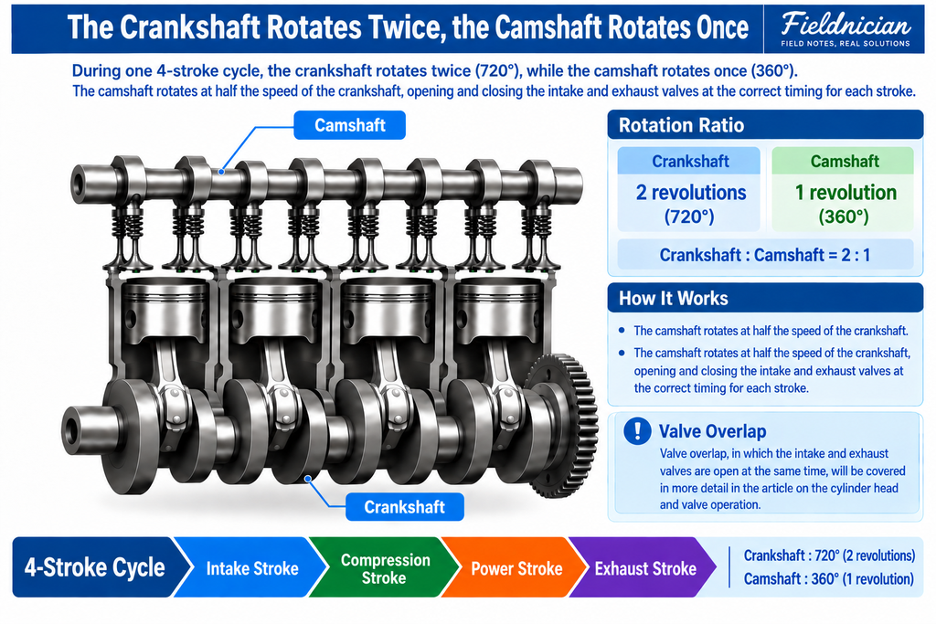 Four-cylinder engine cutaway showing the 2:1 rotation relationship between the crankshaft and camshaft, with eight valves and eight cam lobes.