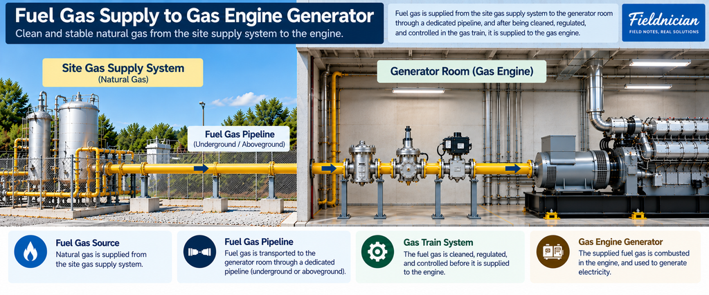 Natural gas supply flow from the site gas supply system through the fuel gas pipeline and gas train to a gas engine generator.