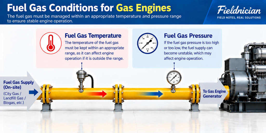 Fuel gas temperature and pressure conditions for a gas engine generator