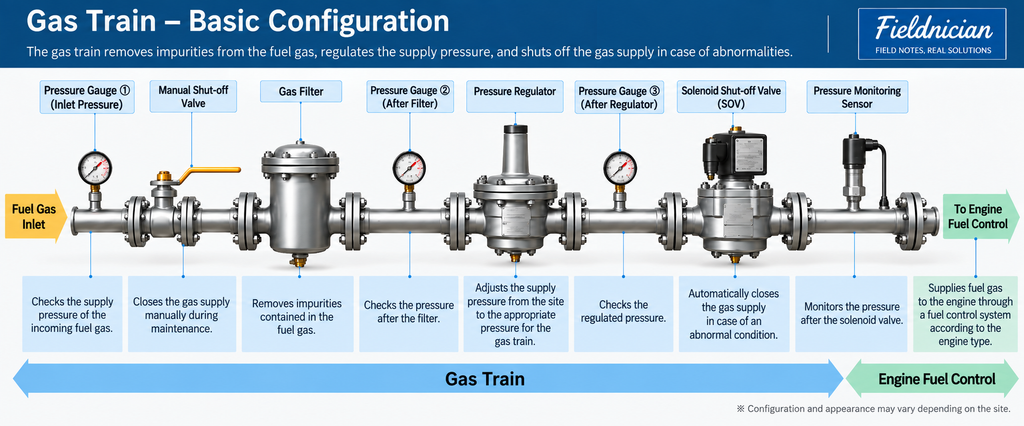 Gas train basic configuration showing fuel gas inlet, pressure gauges, manual shut-off valve, gas filter, pressure regulator, solenoid shut-off valve, pressure monitoring sensor, and engine fuel control.