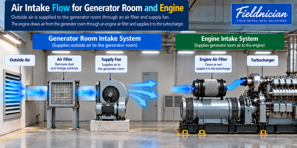 Airflow diagram showing outside air passing through an air filter and supply fan into the generator room, then through the engine air filter to the turbocharger.