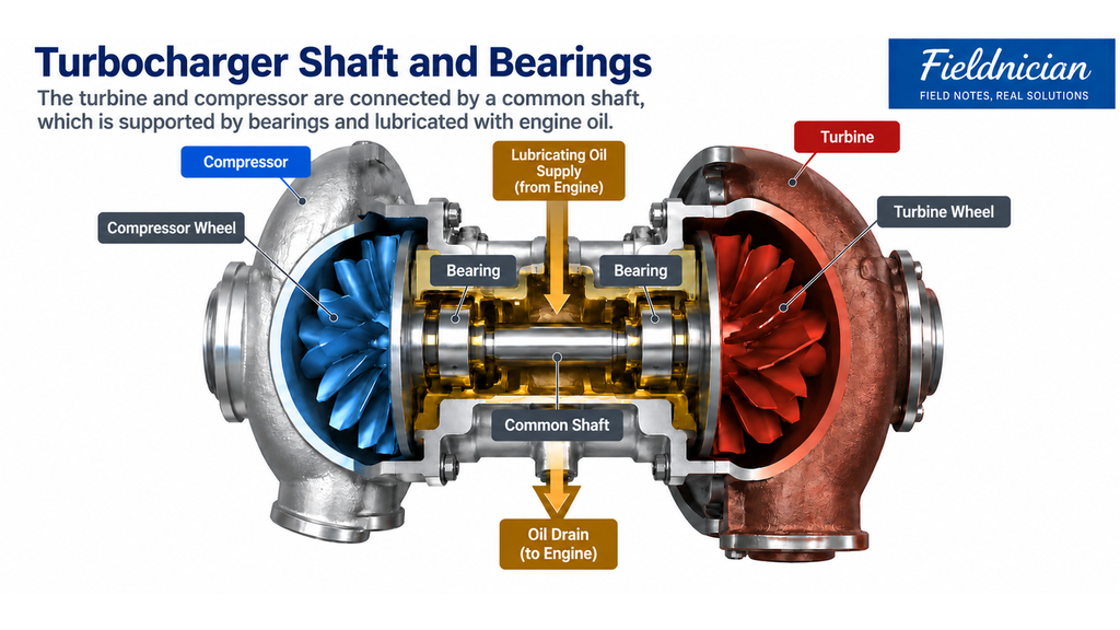 Cutaway turbocharger diagram showing the compressor and turbine connected by a common shaft supported by bearings, with engine-oil lubrication and oil drain.
