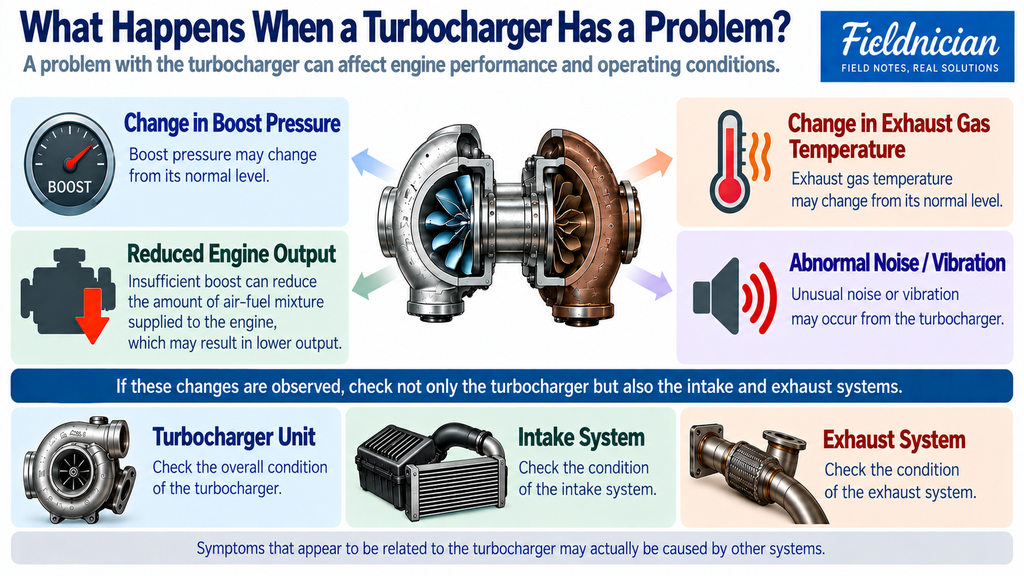 Turbocharger problem infographic showing changes in boost pressure, reduced engine output, exhaust gas temperature changes, abnormal noise or vibration, and checks of the turbocharger, intake system, and exhaust system.