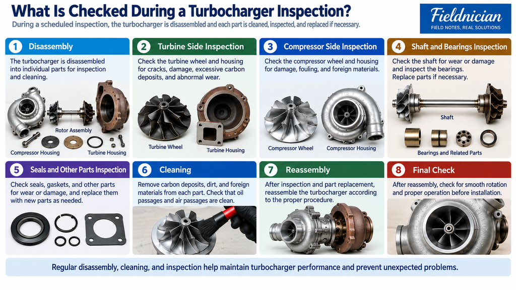Turbocharger inspection infographic showing disassembly, turbine and compressor component inspection, shaft and bearing checks, seals, cleaning, reassembly, and a final operational check.