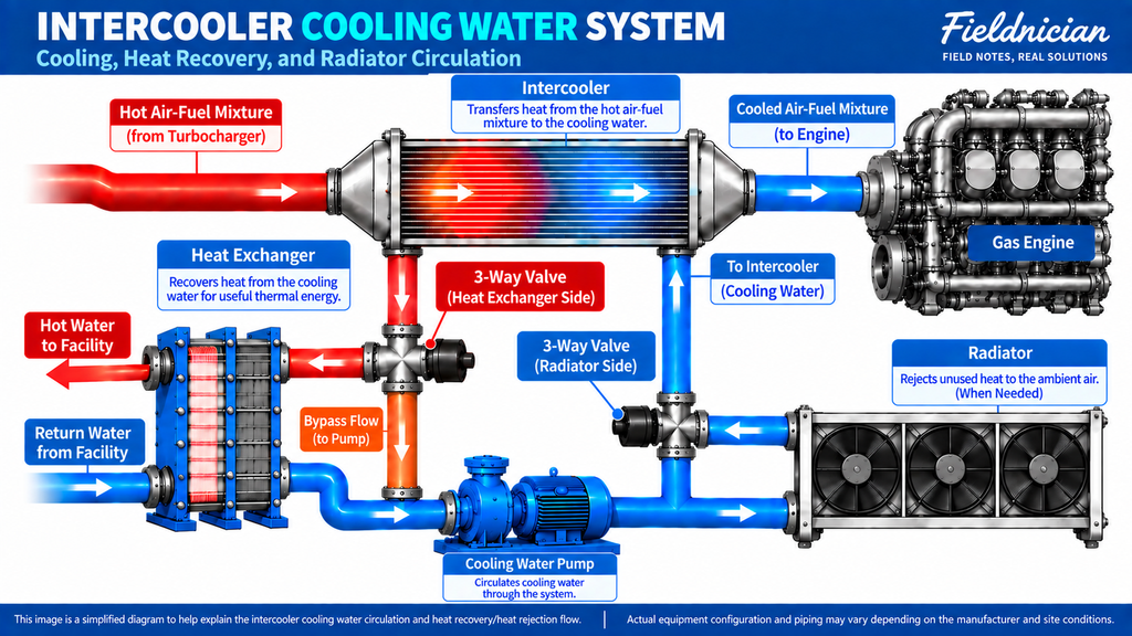 Gas engine intercooler cooling-water system with heat recovery and radiator circulation
