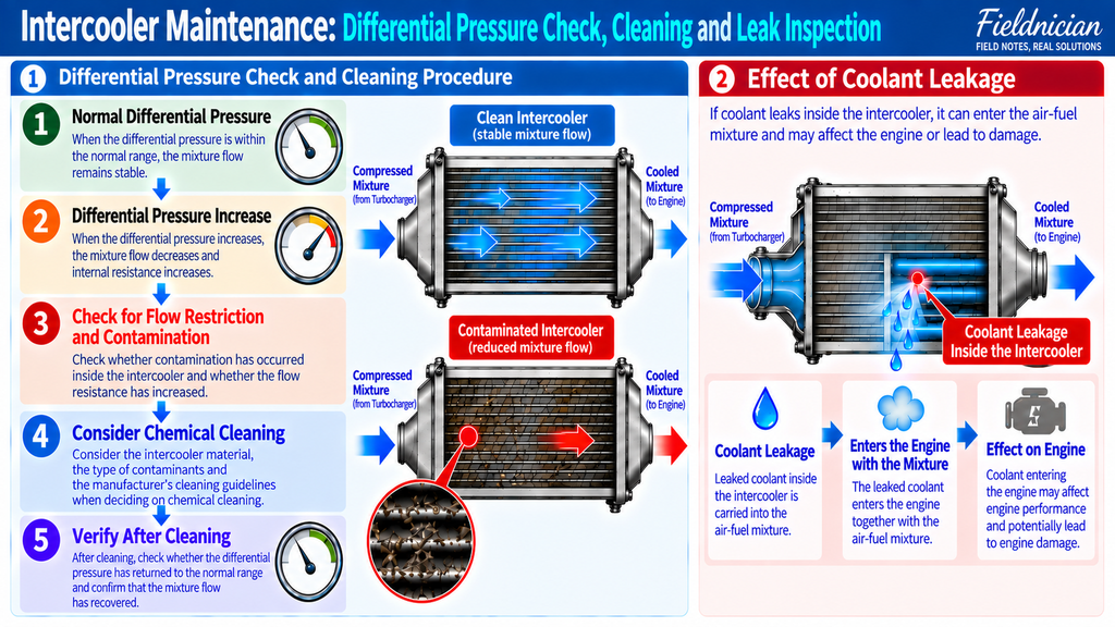 Intercooler differential pressure check, cleaning process, and internal coolant leakage inspection